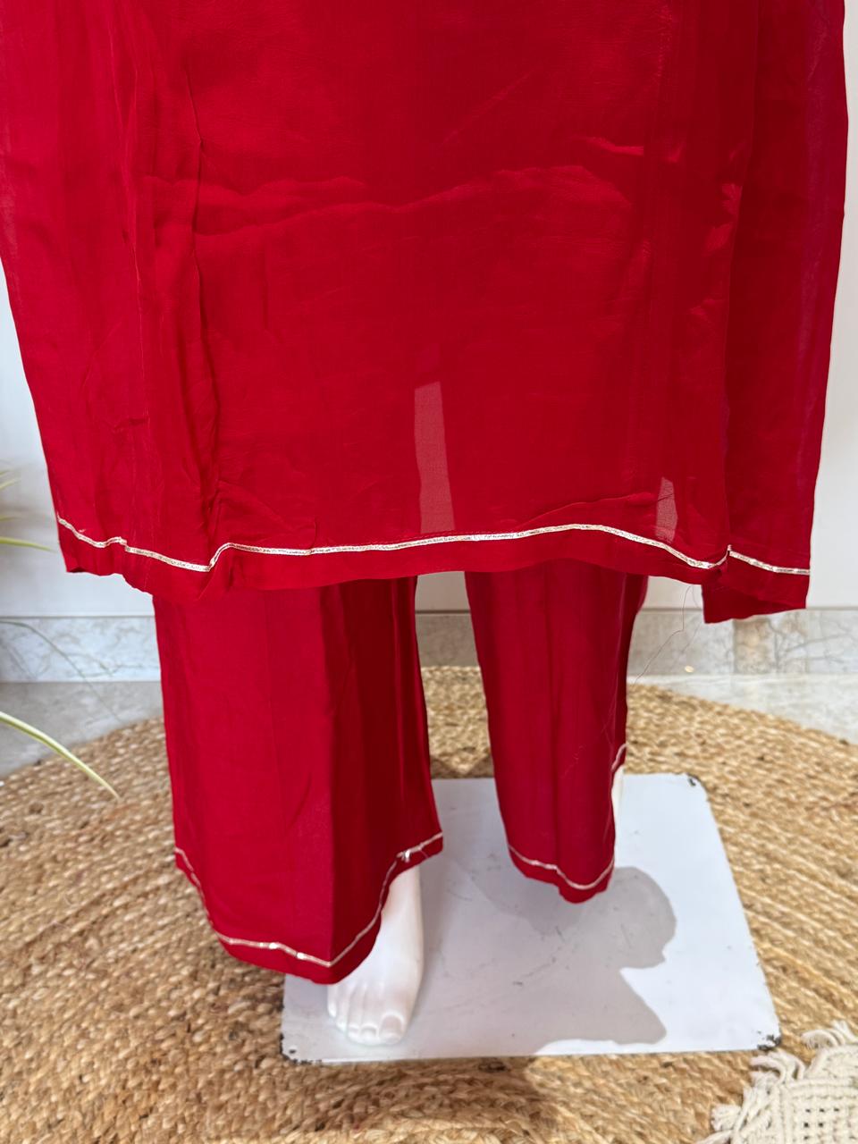 Red Pure Crepe Silk Kurti Plazo Set with Organza Dupatta & Hand Gota Patti Work
