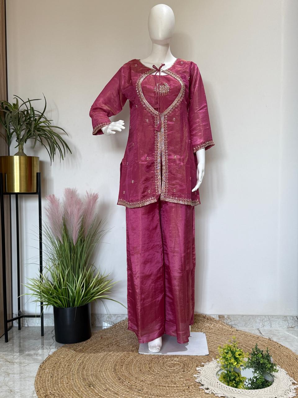 Tissue shimmer 3 pc Indowestern with bustier pattern Hand work design