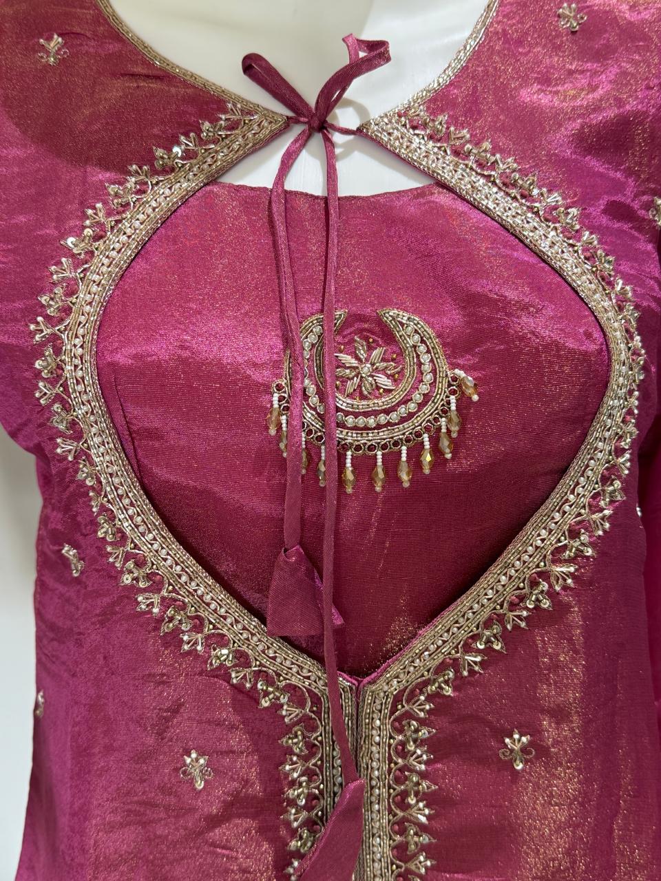Tissue shimmer 3 pc Indowestern with bustier pattern Hand work design