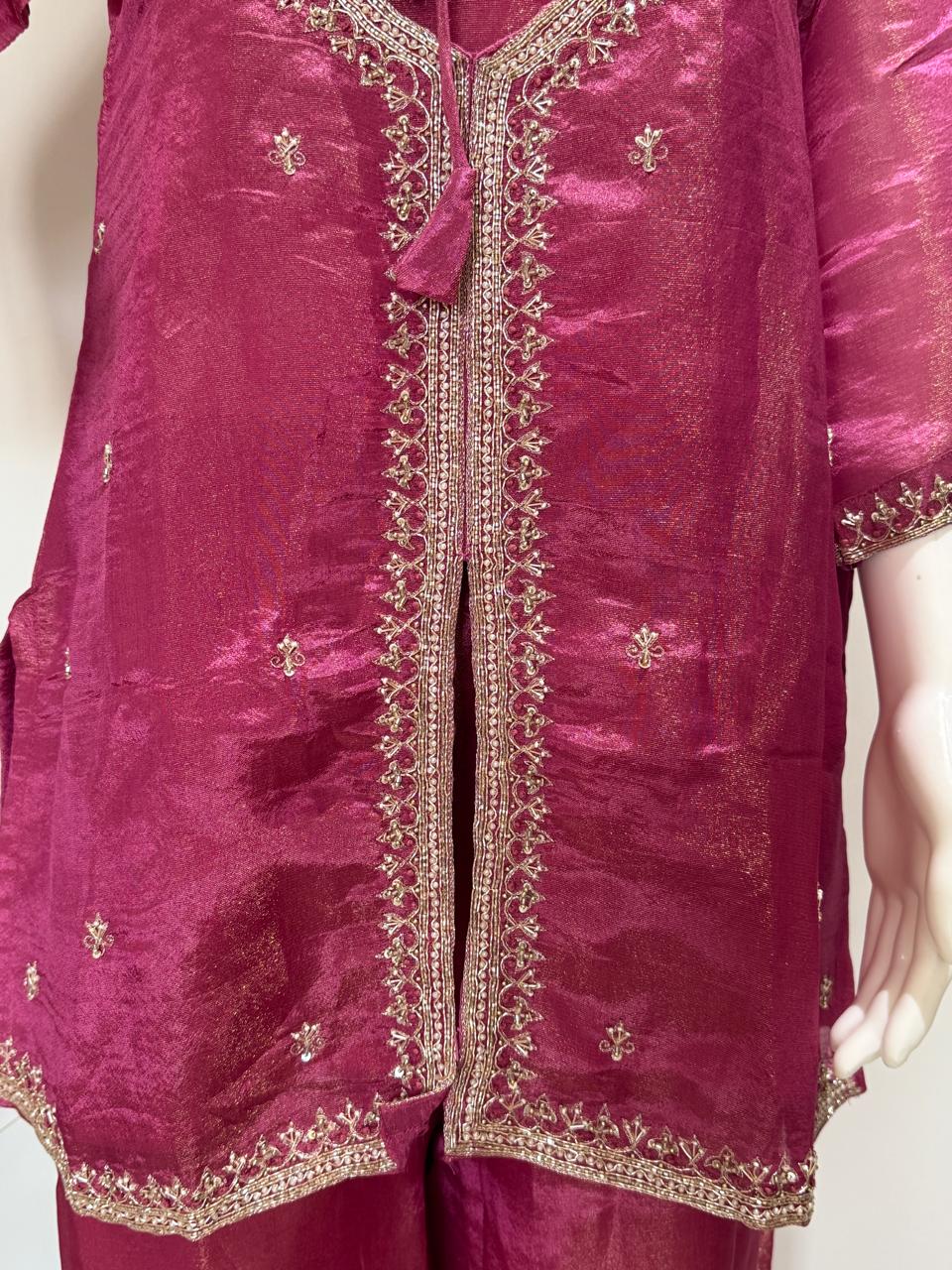Tissue shimmer 3 pc Indowestern with bustier pattern Hand work design