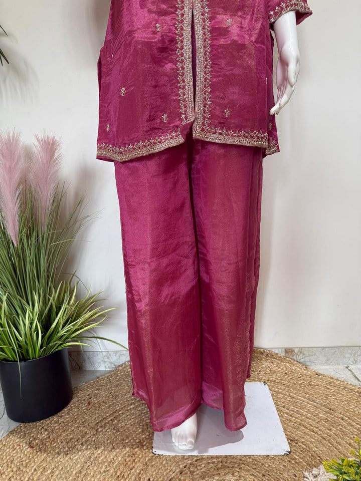Tissue shimmer 3 pc Indowestern with bustier pattern Hand work design