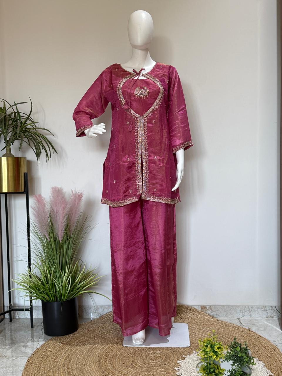 Tissue shimmer 3 pc Indowestern with bustier pattern Hand work design