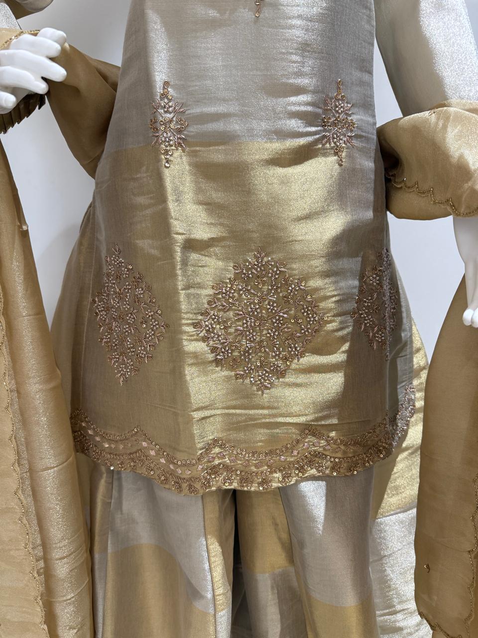 Kanjivaram Silk Short Kurti Set with Flared Plazo & Tissue Dupatta | Heavy Handwork (38–44)