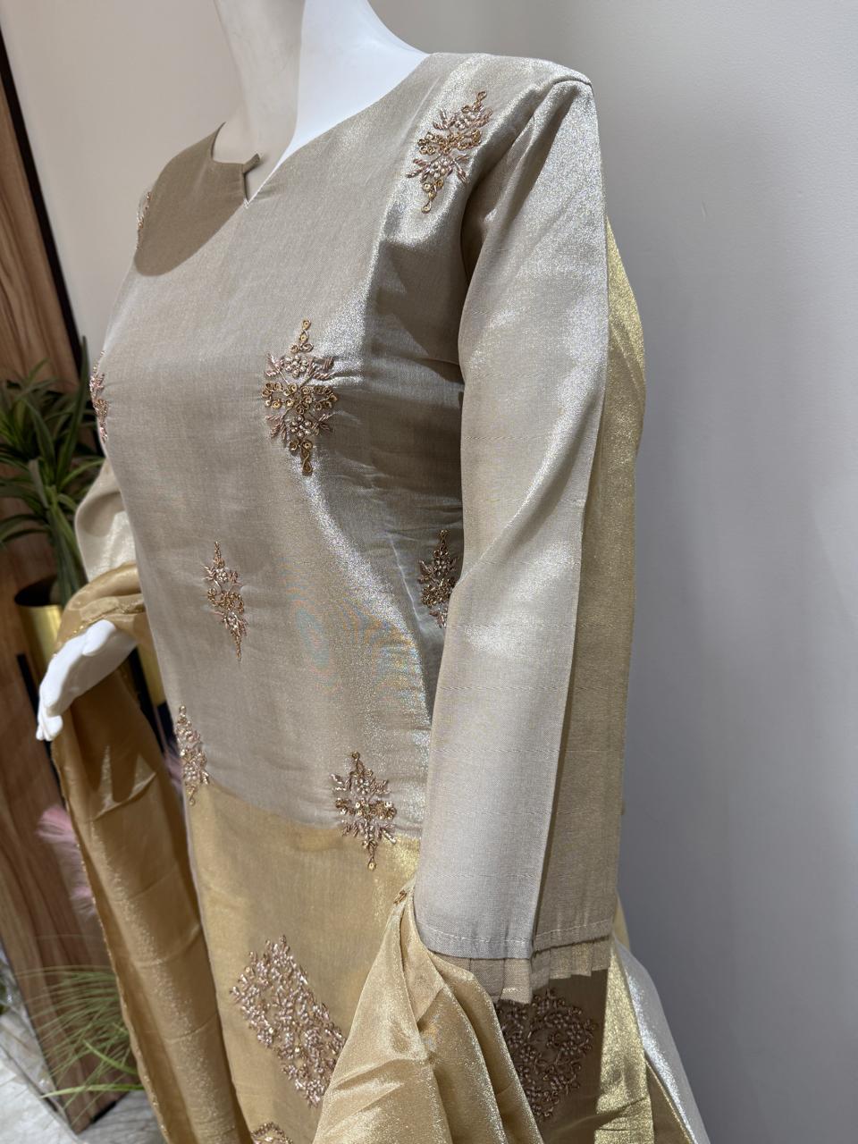 Kanjivaram Silk Short Kurti Set with Flared Plazo & Tissue Dupatta | Heavy Handwork (38–44)