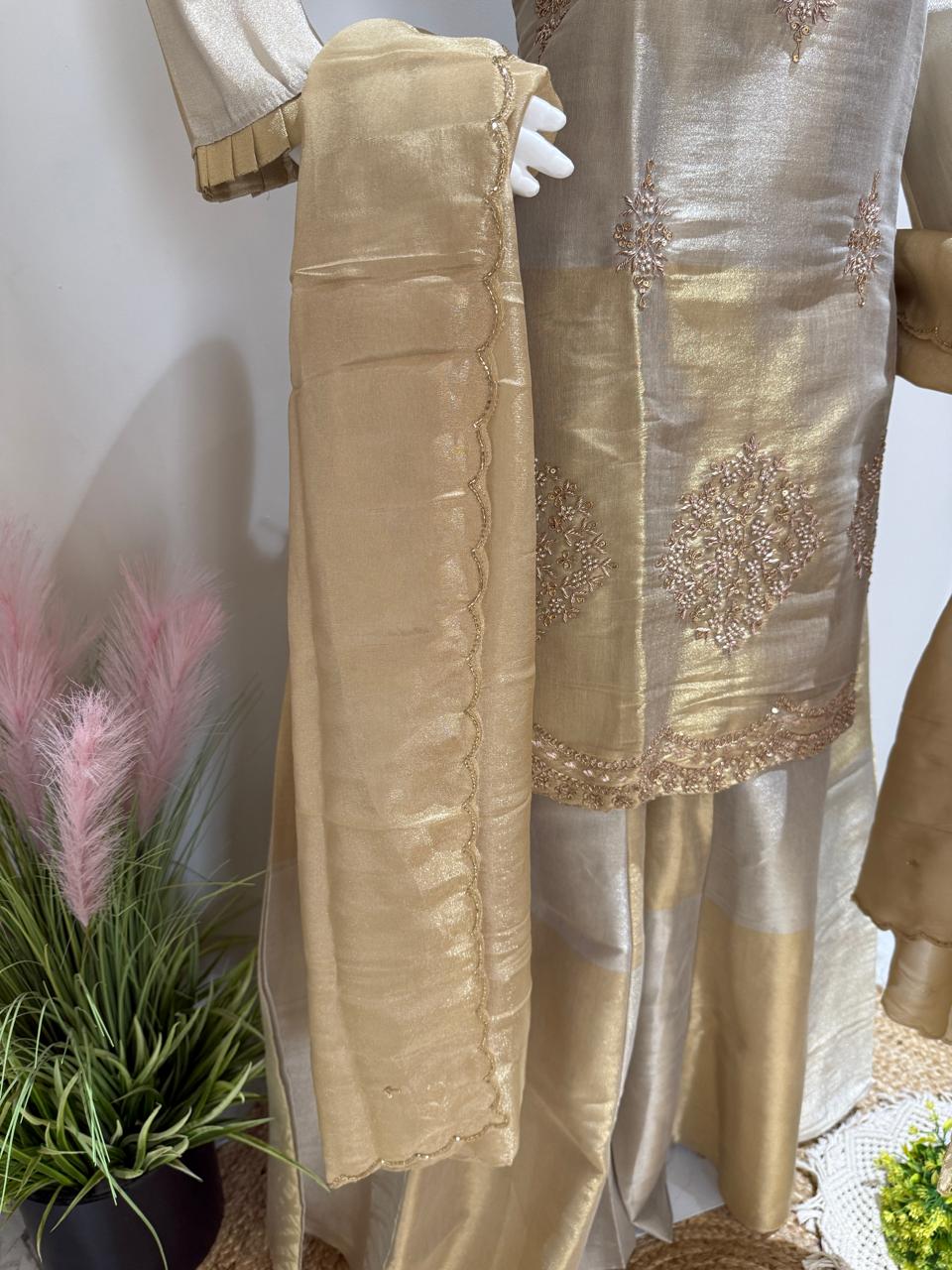 Kanjivaram Silk Short Kurti Set with Flared Plazo & Tissue Dupatta | Heavy Handwork (38–44)