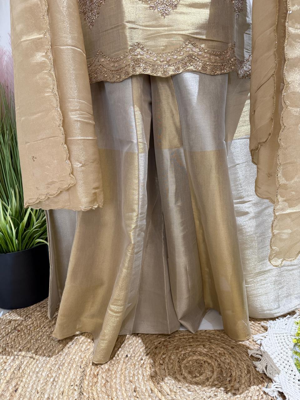 Kanjivaram Silk Short Kurti Set with Flared Plazo & Tissue Dupatta | Heavy Handwork (38–44)