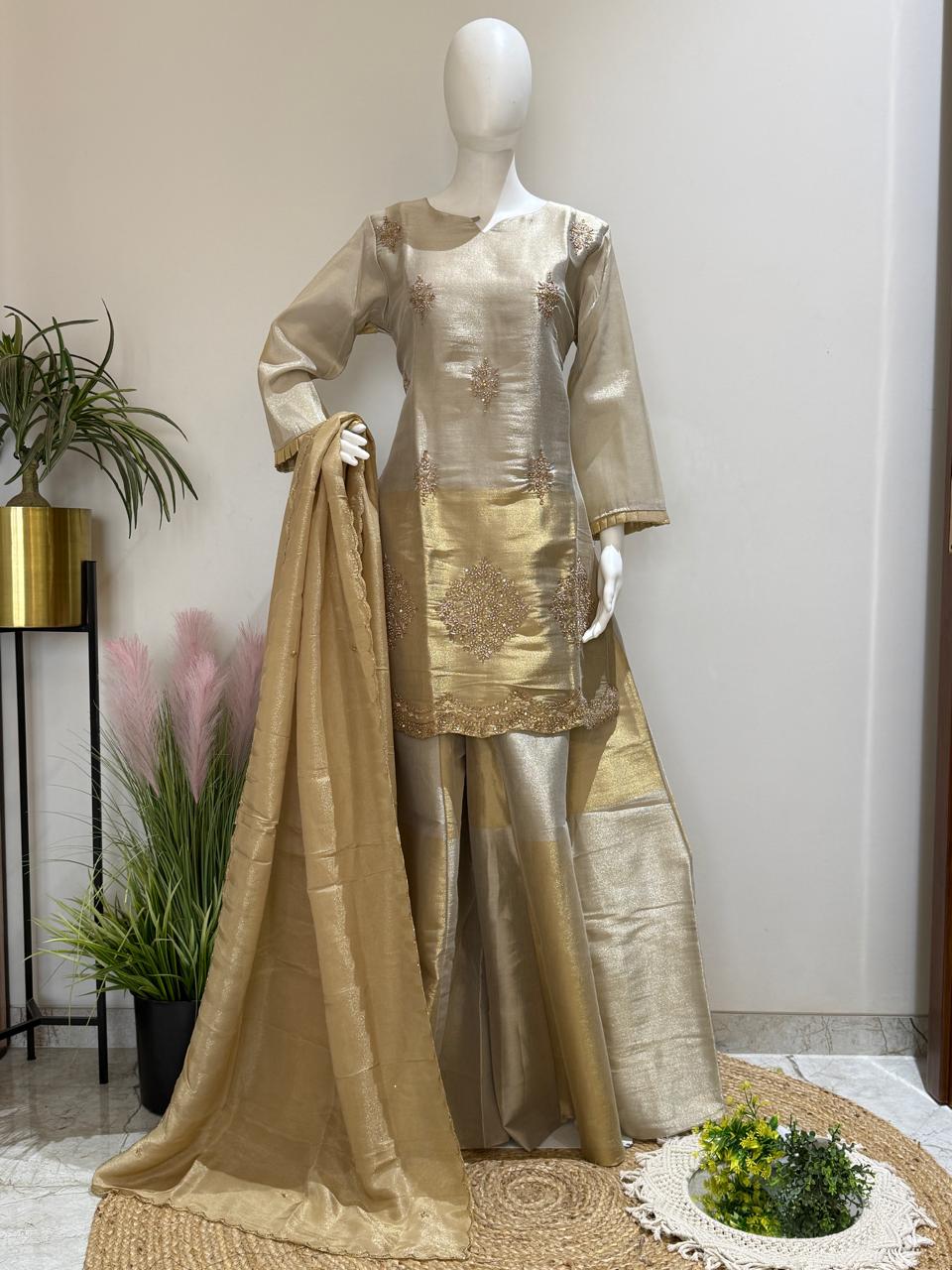 Kanjivaram Silk Short Kurti Set with Flared Plazo & Tissue Dupatta | Heavy Handwork (38–44)