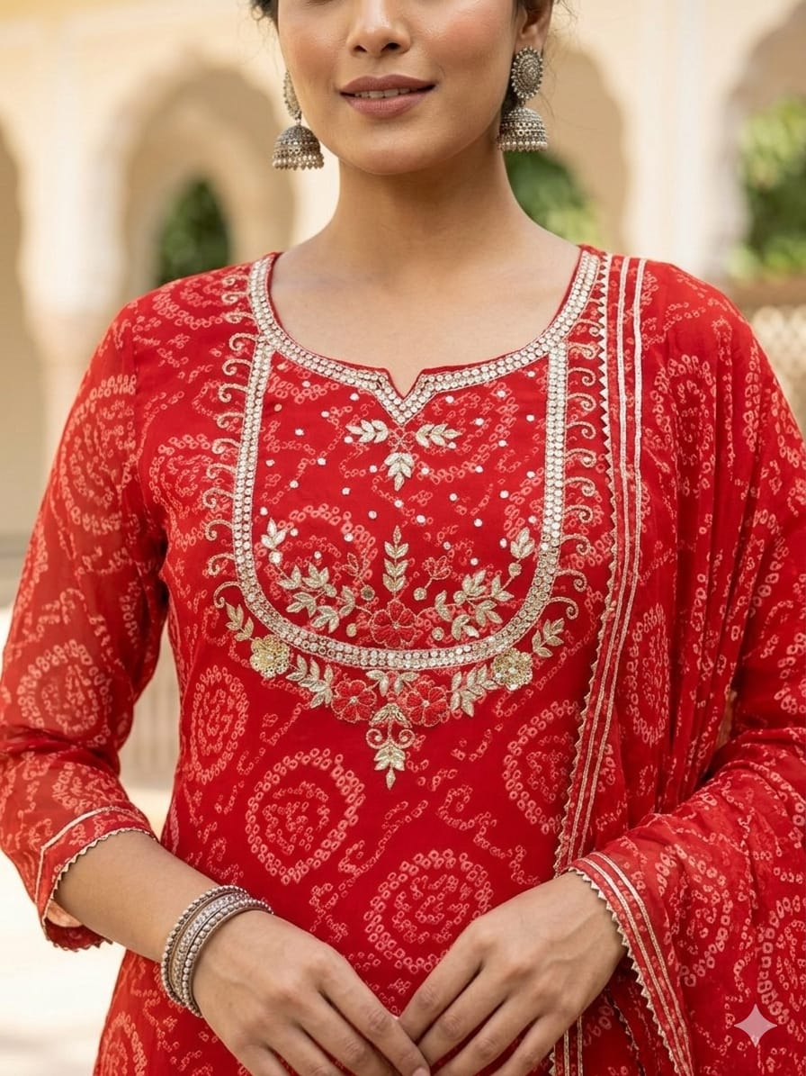 Red Georgette Bandhej 3 Piece Suit Set with Heavy Handwork Neckline