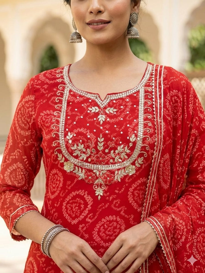 Red Georgette Bandhej 3 Piece Suit Set with Heavy Handwork Neckline
