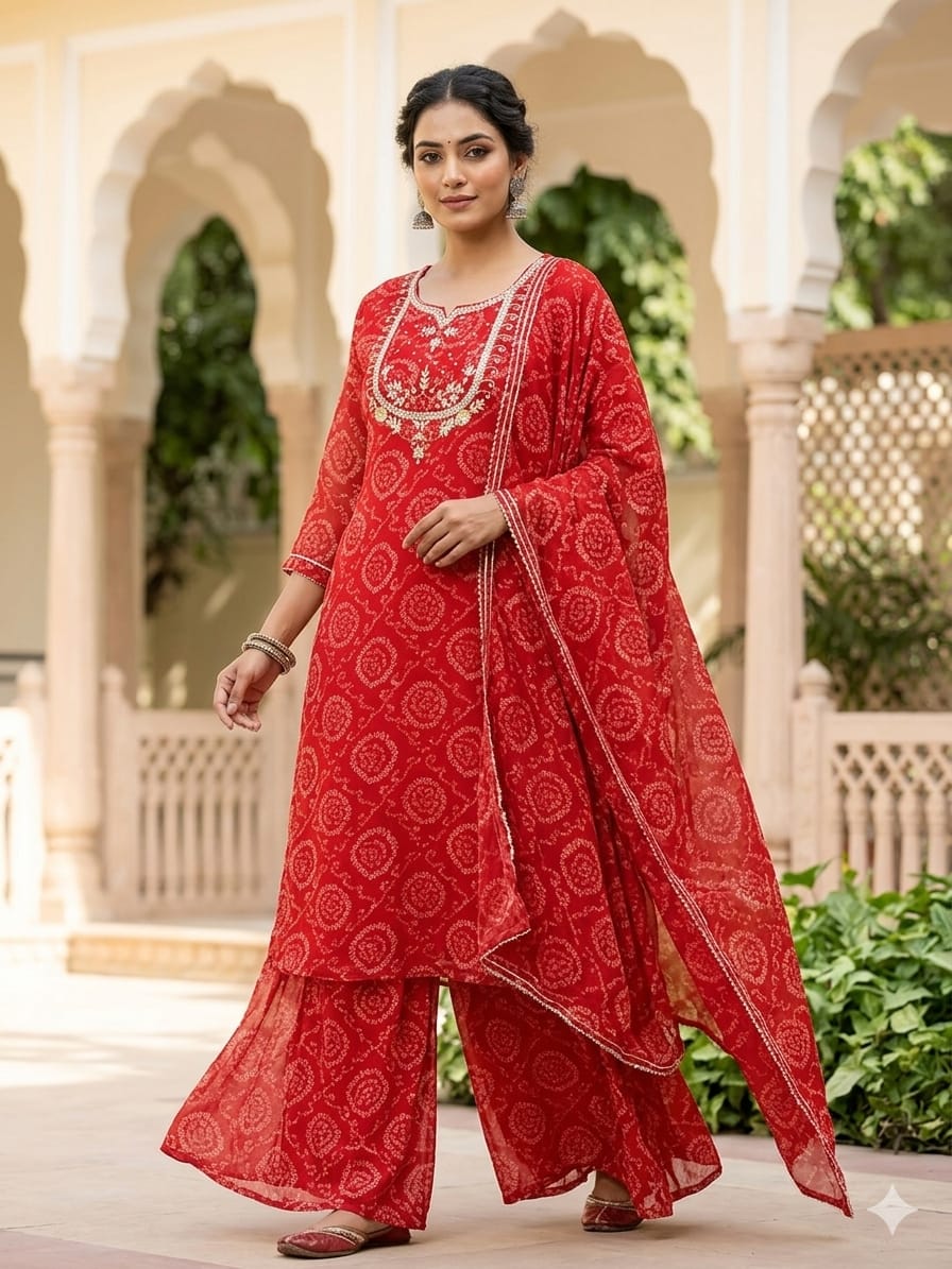 Red Georgette Bandhej 3 Piece Suit Set with Heavy Handwork Neckline