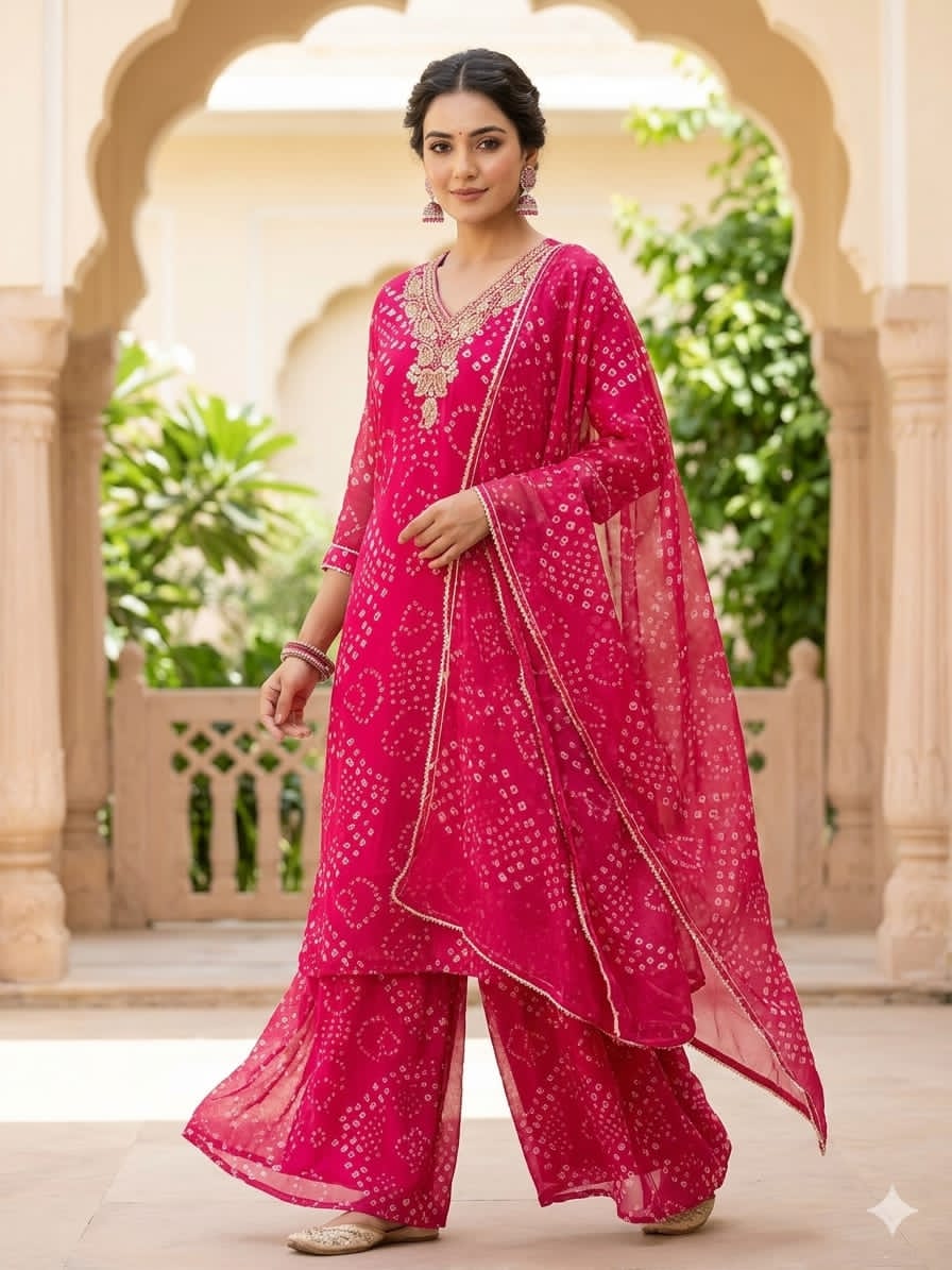 Georgette Bandhej 3 Piece Suit Set with Heavy Handwork Neckline