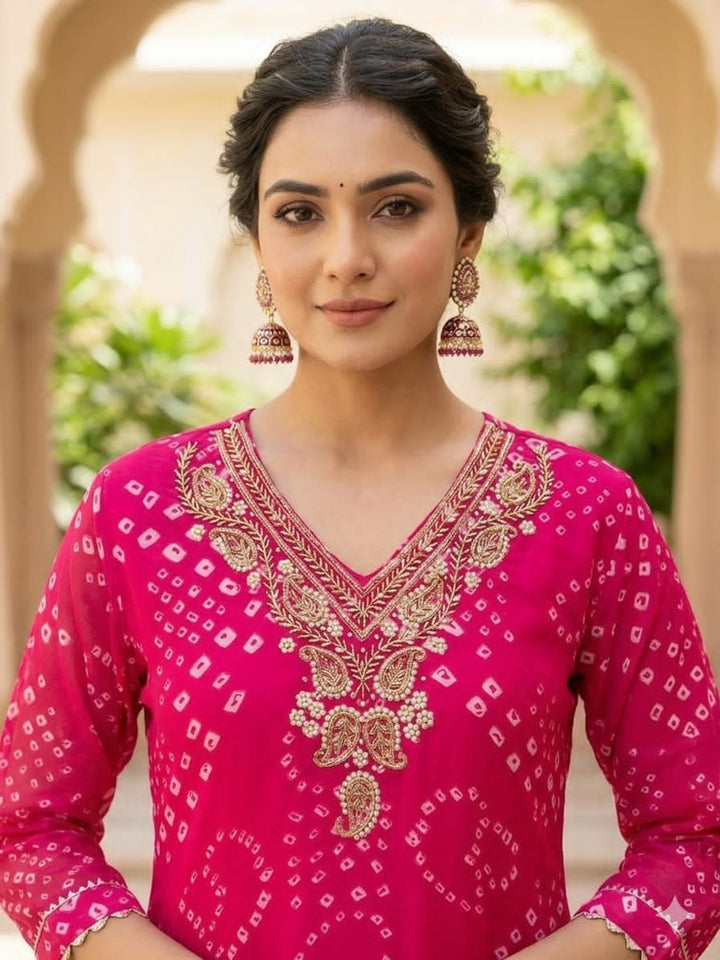 Georgette Bandhej 3 Piece Suit Set with Heavy Handwork Neckline
