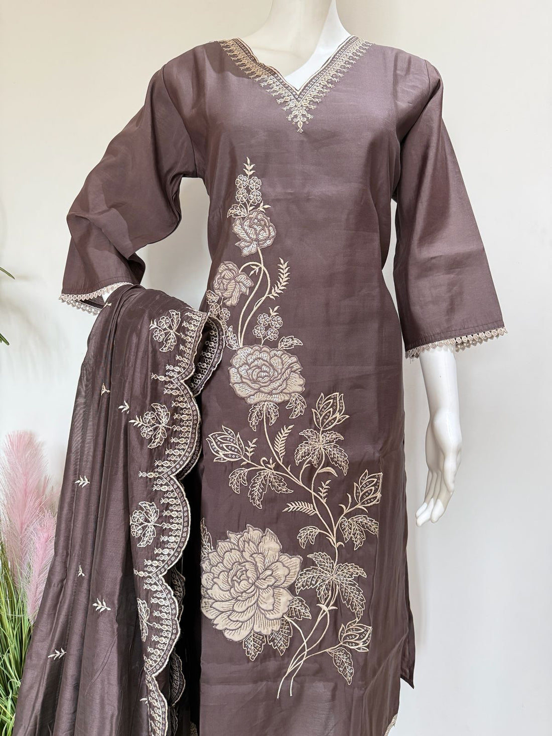 Brown Embroidered Roman Silk Kurta Palazzo Dupatta Set With Lining | Festive Ethnic Wear