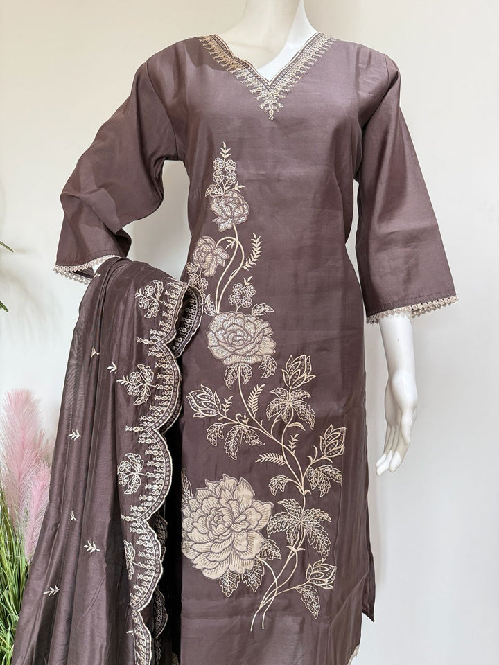 Brown Embroidered Roman Silk Kurta Palazzo Dupatta Set With Lining | Festive Ethnic Wear