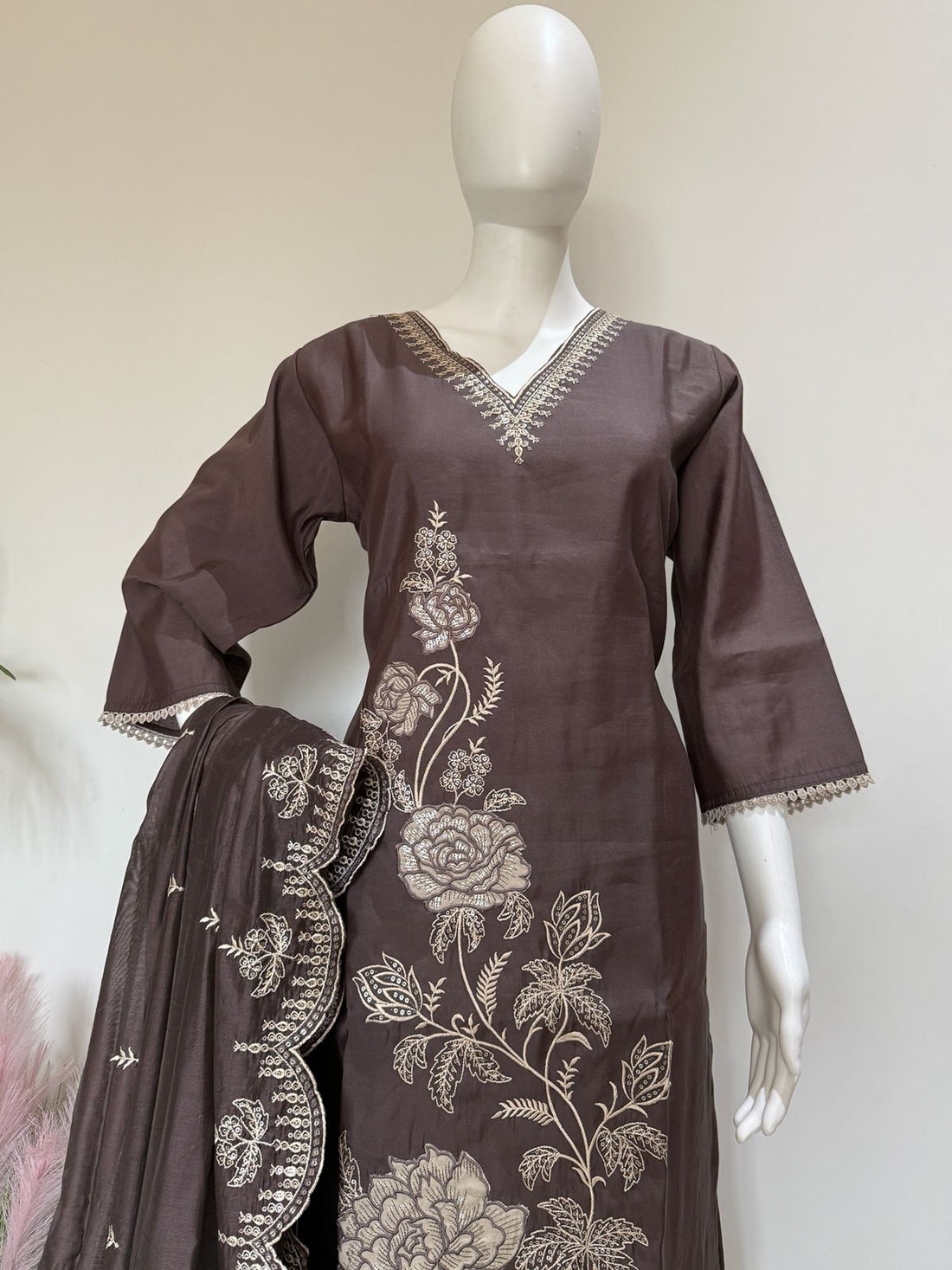 Brown Embroidered Roman Silk Kurta Palazzo Dupatta Set With Lining | Festive Ethnic Wear