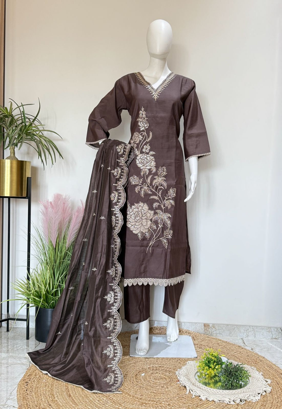 Brown Embroidered Roman Silk Kurta Palazzo Dupatta Set With Lining | Festive Ethnic Wear