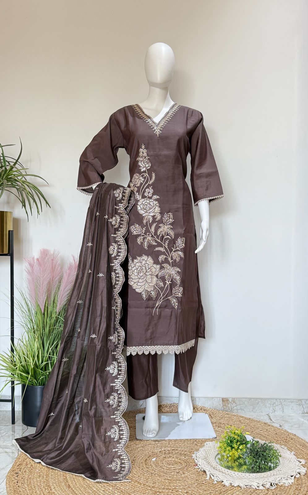 Brown Embroidered Roman Silk Kurta Palazzo Dupatta Set With Lining | Festive Ethnic Wear