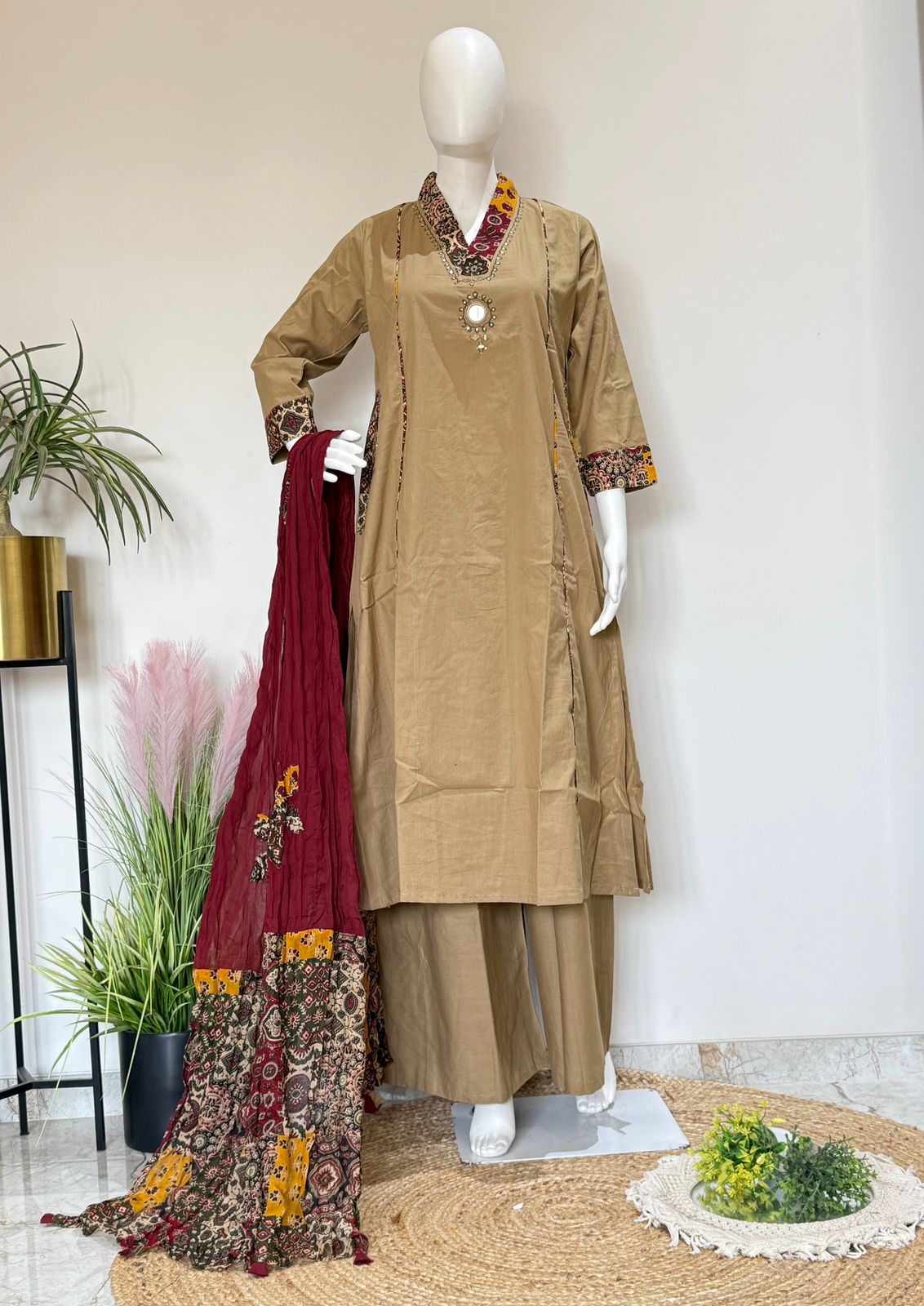 Beige Pure Cotton Kurta Palazzo Dupatta Set With Printed Dupatta | 3 Piece Ethnic Wear