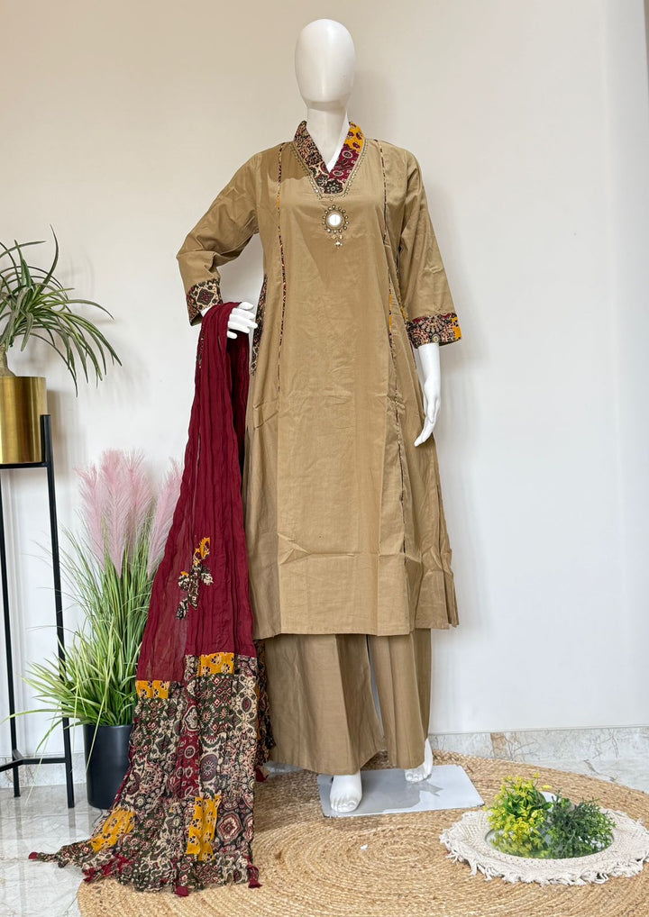 Beige Pure Cotton Kurta Palazzo Dupatta Set With Printed Dupatta | 3 Piece Ethnic Wear