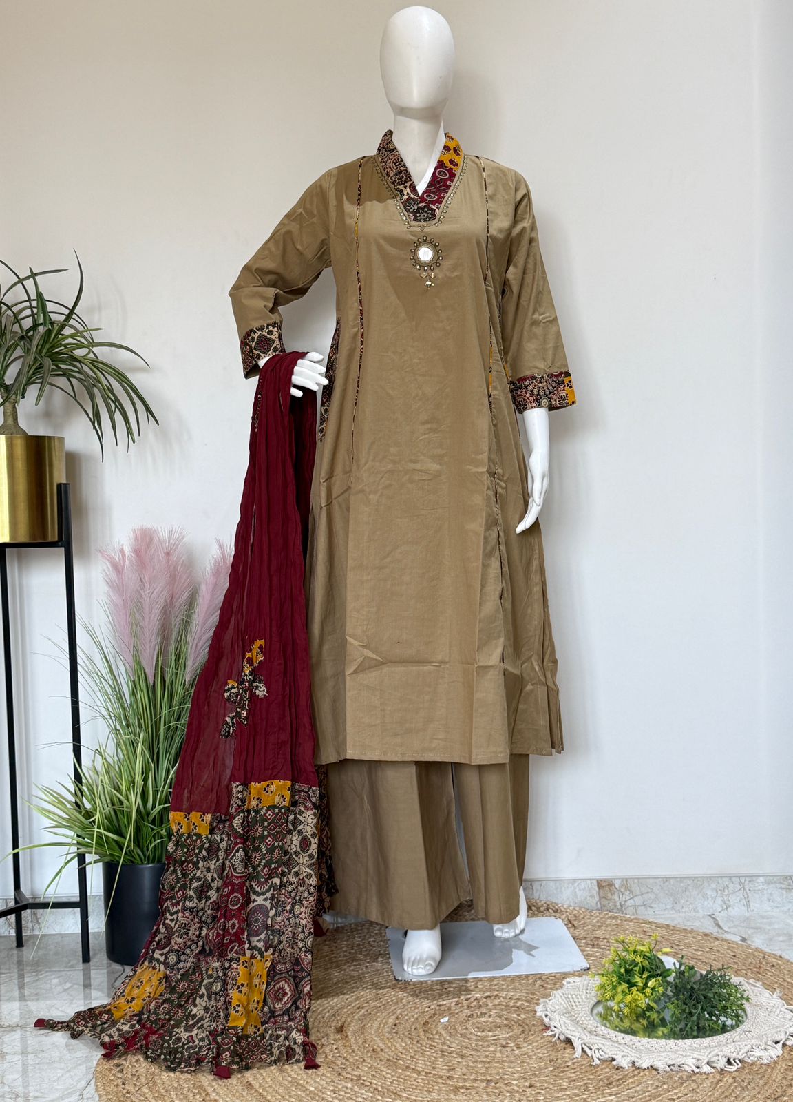 Beige Pure Cotton Kurta Palazzo Dupatta Set With Printed Dupatta | 3 Piece Ethnic Wear
