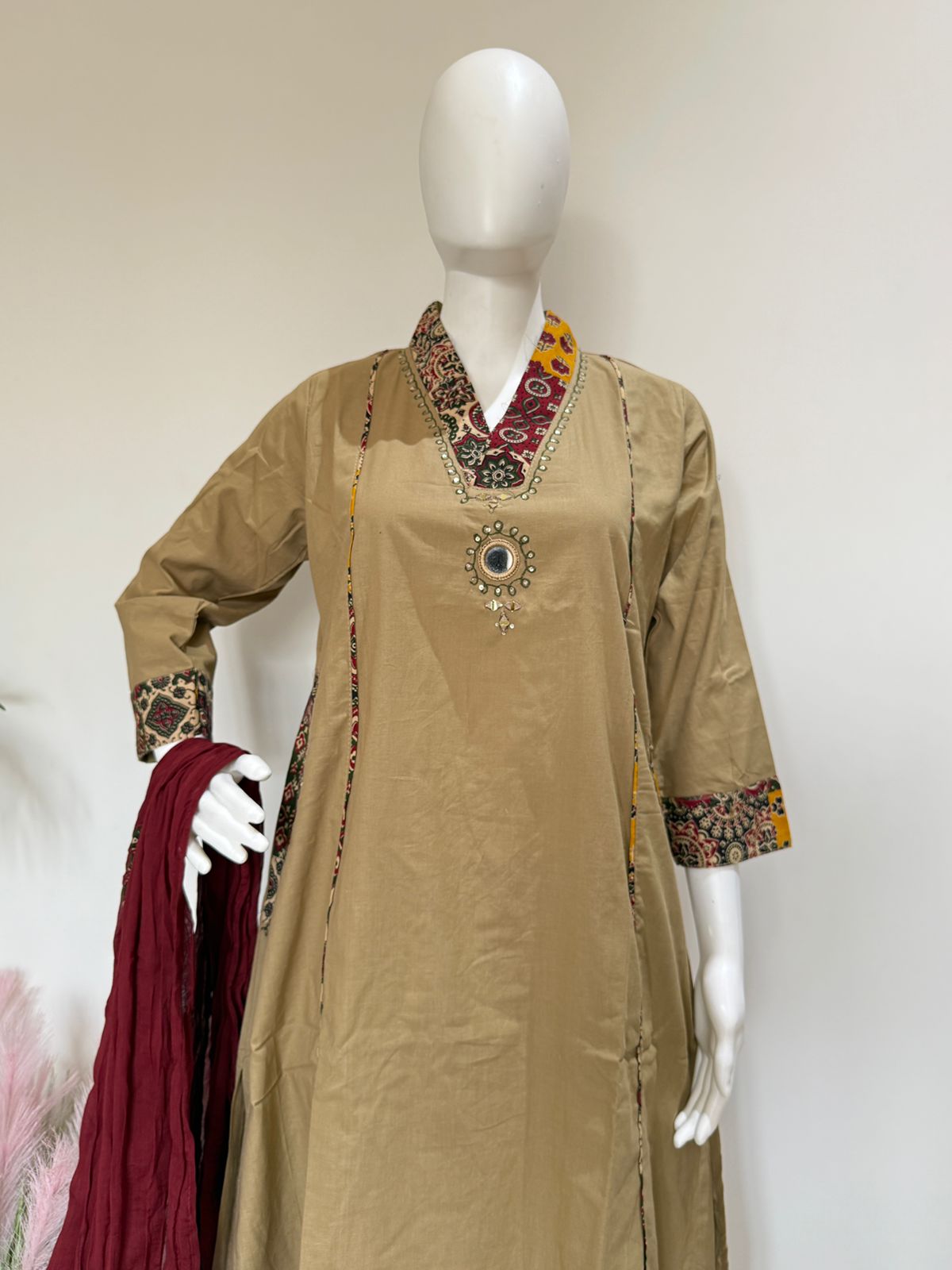 Beige Pure Cotton Kurta Palazzo Dupatta Set With Printed Dupatta | 3 Piece Ethnic Wear