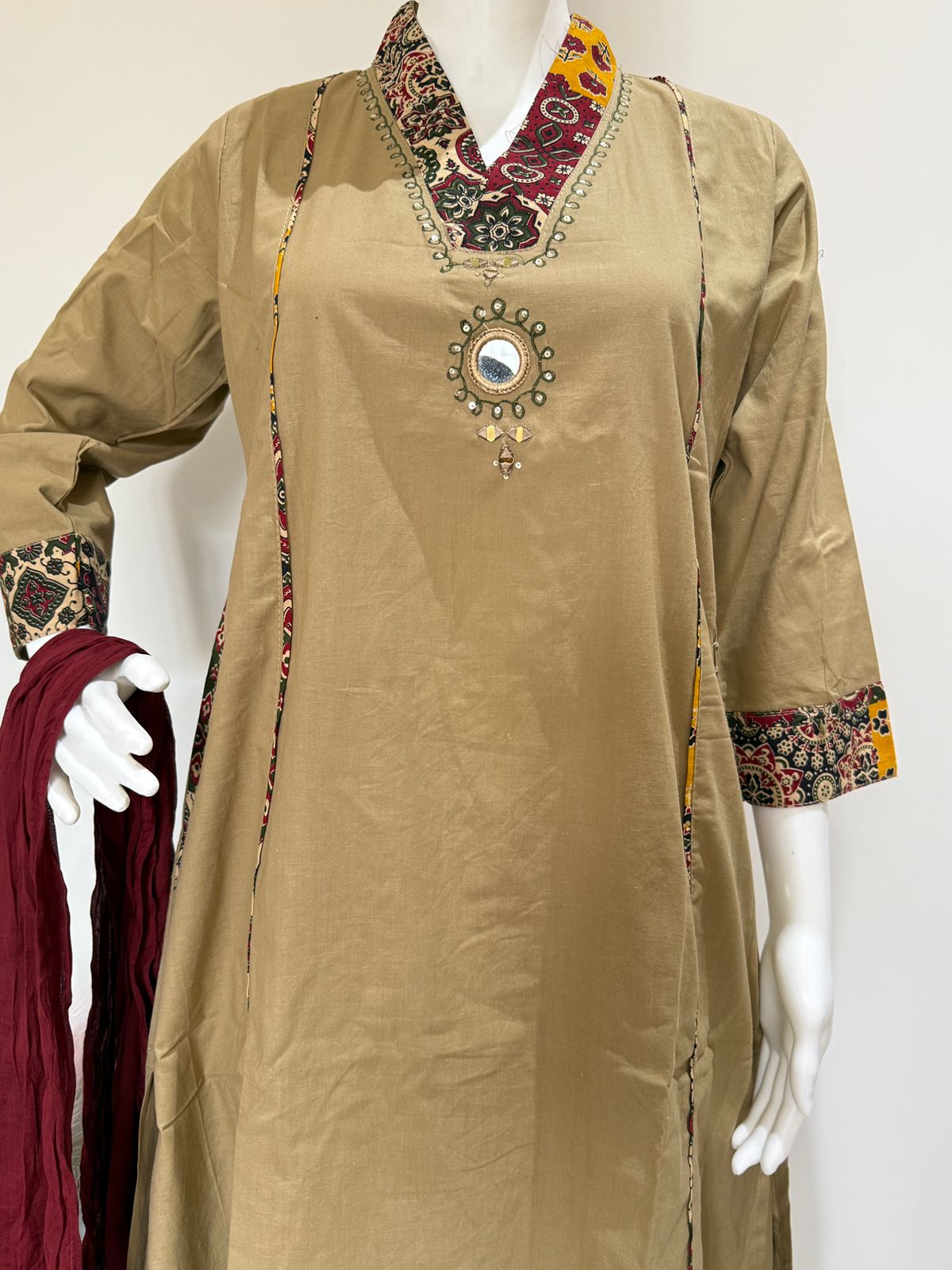 Beige Pure Cotton Kurta Palazzo Dupatta Set With Printed Dupatta | 3 Piece Ethnic Wear