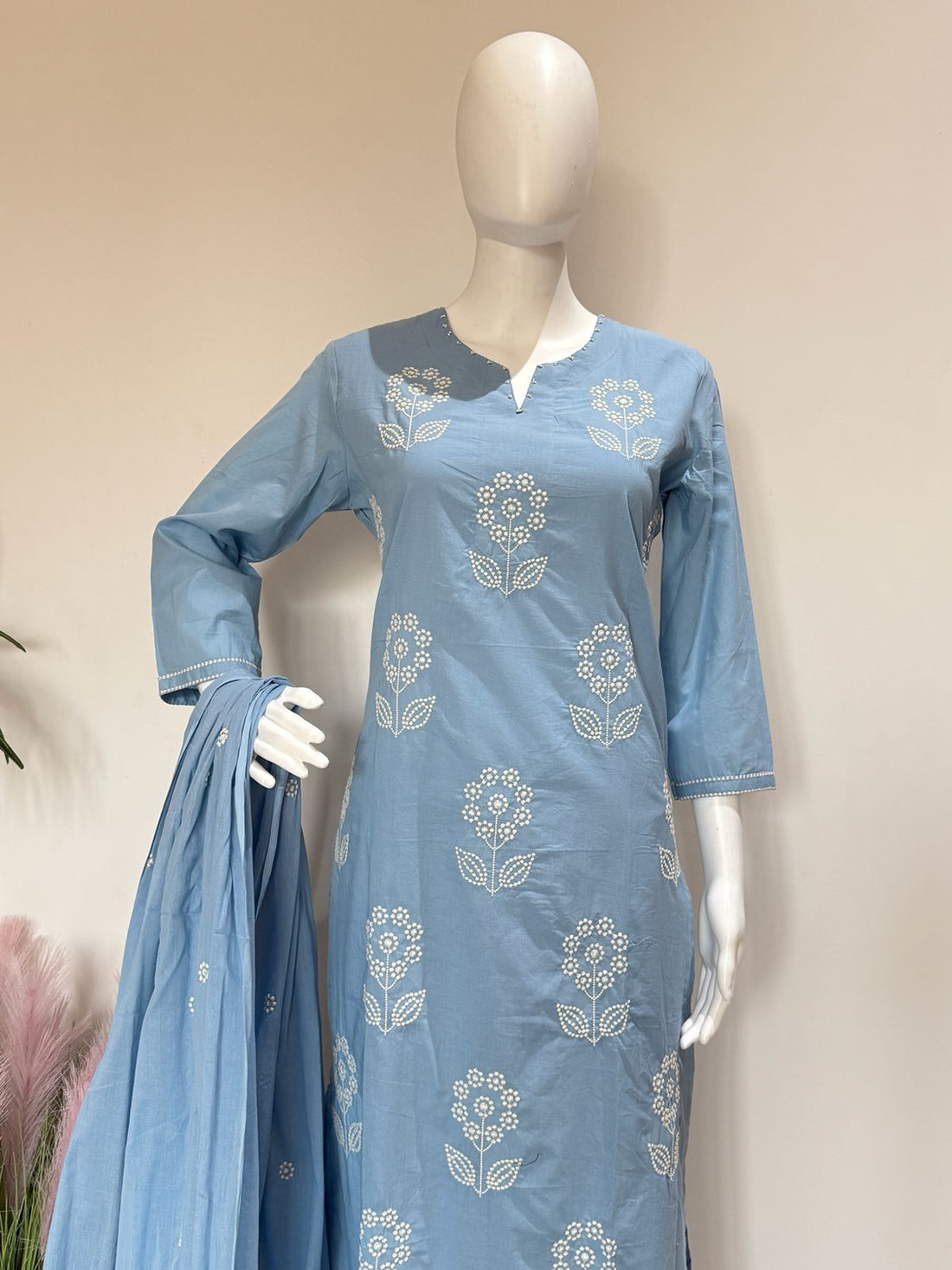 Sky Blue Pure Cotton Straight Fit Kurta Pant Dupatta Set With Lining | Elegant 3 Piece Ethnic Wear