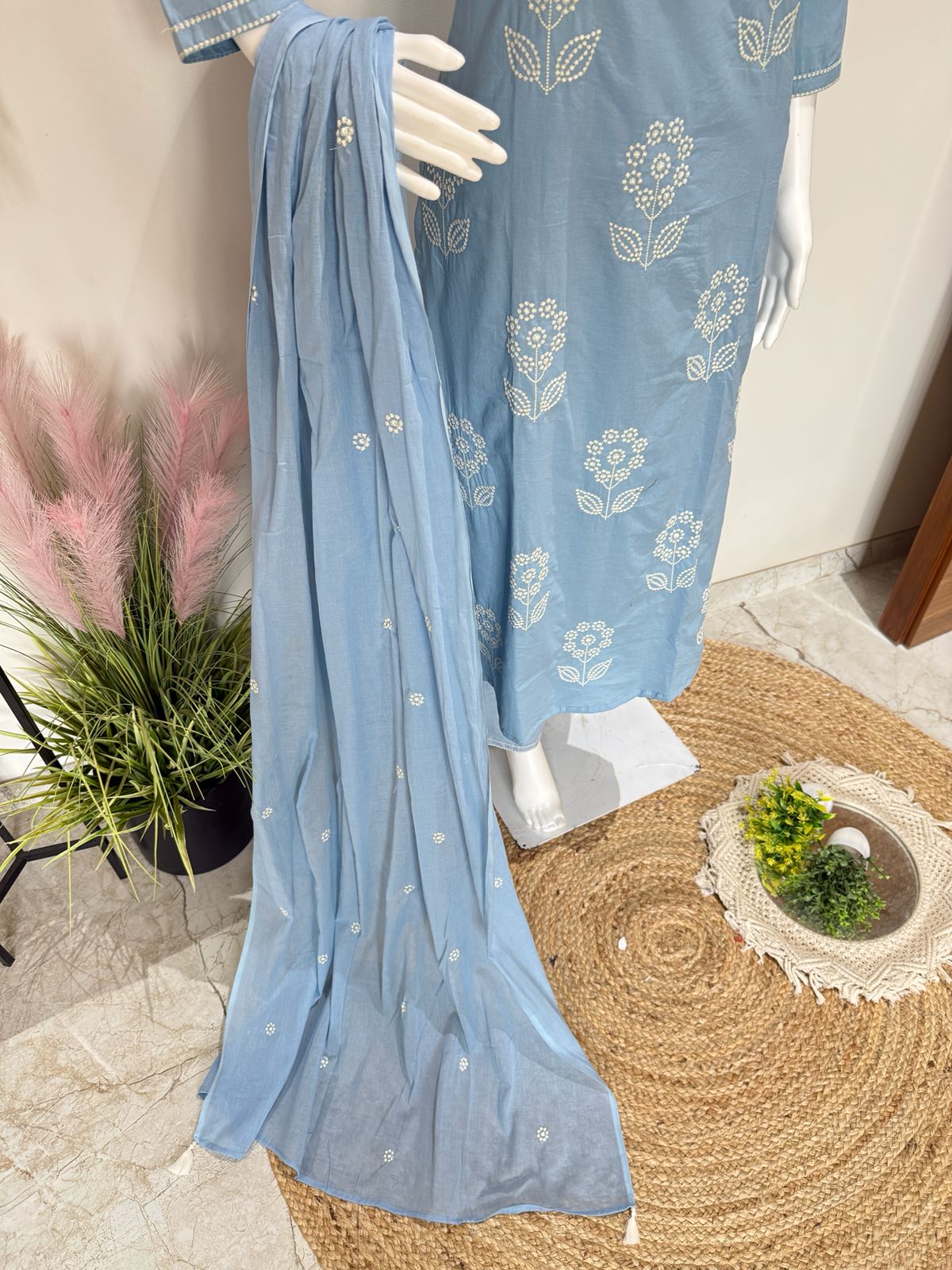 Sky Blue Pure Cotton Straight Fit Kurta Pant Dupatta Set With Lining | Elegant 3 Piece Ethnic Wear