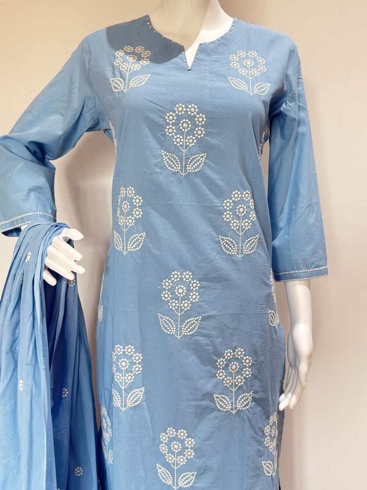 Sky Blue Pure Cotton Straight Fit Kurta Pant Dupatta Set With Lining | Elegant 3 Piece Ethnic Wear
