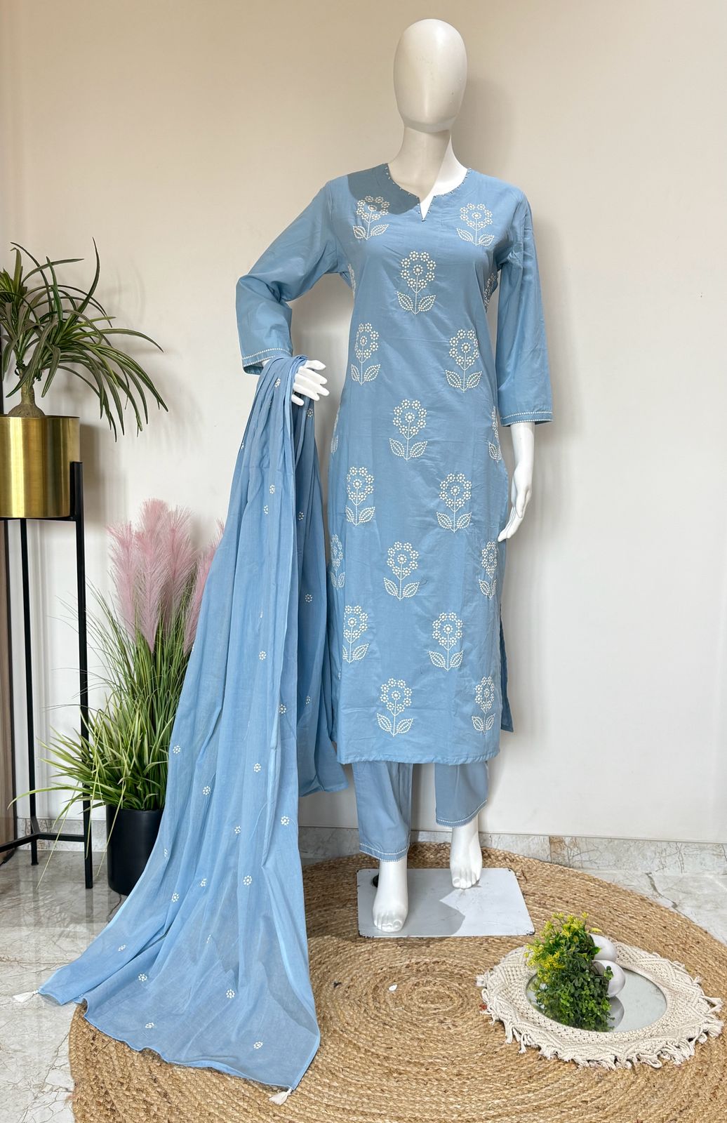 Sky Blue Pure Cotton Straight Fit Kurta Pant Dupatta Set With Lining | Elegant 3 Piece Ethnic Wear