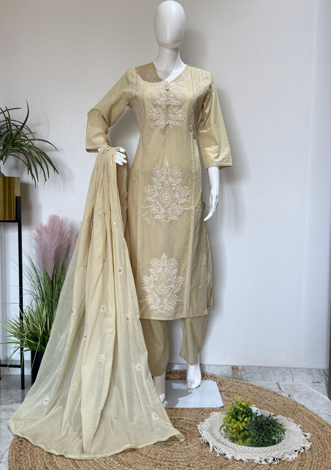 Pure Cotton Straight Fit Kurta Pant Dupatta Set With Heavy Embroidery | 3 Piece Ethnic Wear