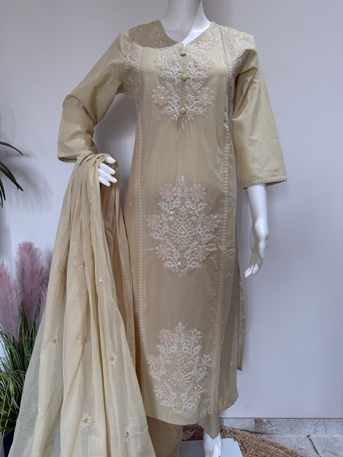 Pure Cotton Straight Fit Kurta Pant Dupatta Set With Heavy Embroidery | 3 Piece Ethnic Wear