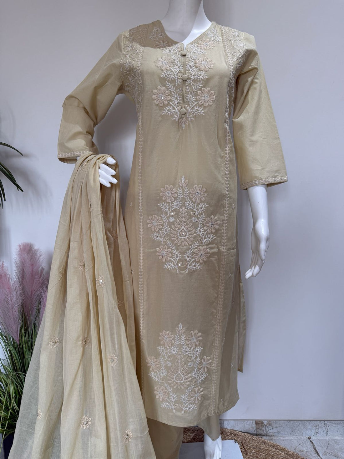 Pure Cotton Straight Fit Kurta Pant Dupatta Set With Heavy Embroidery | 3 Piece Ethnic Wear