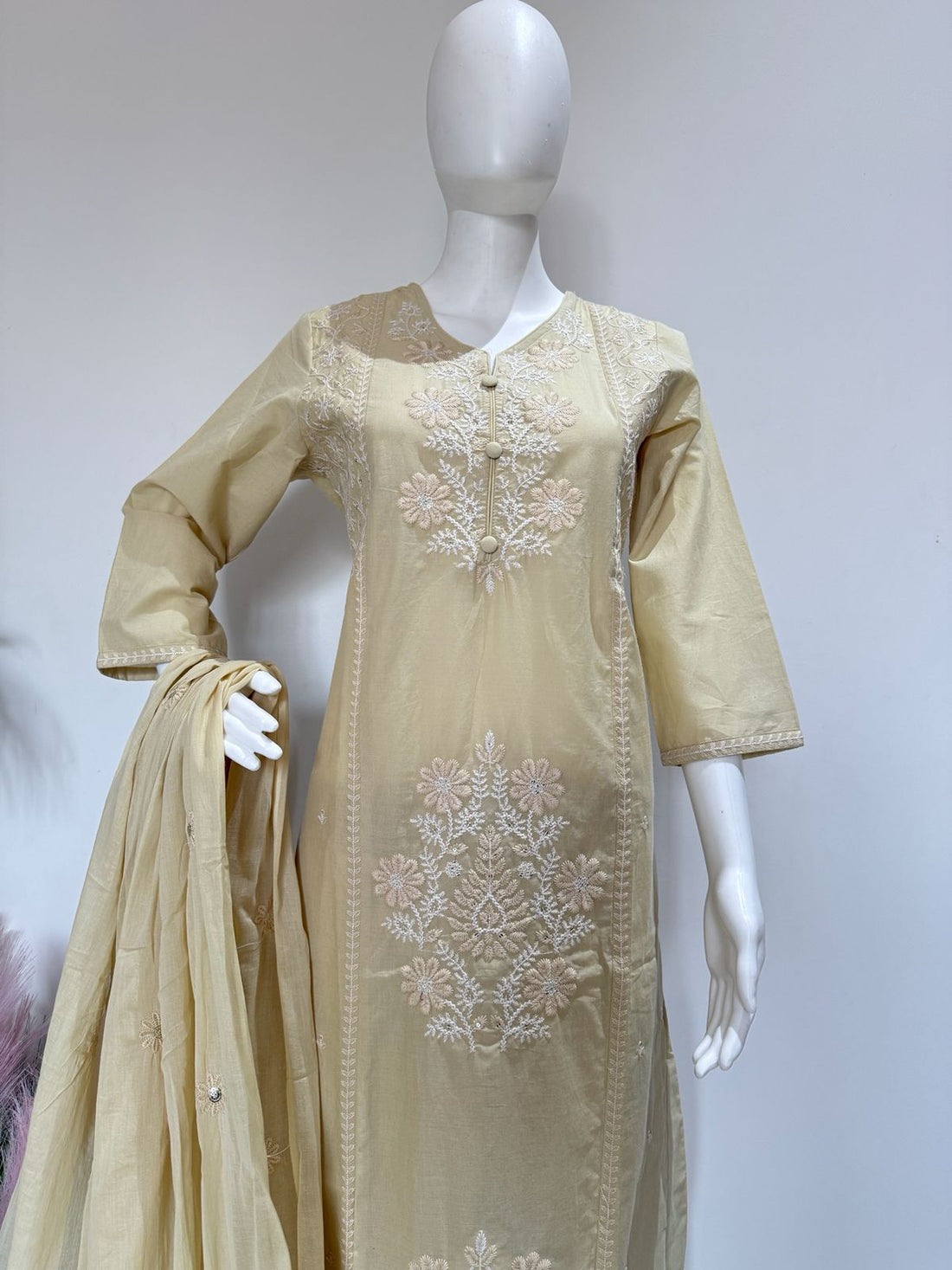 Pure Cotton Straight Fit Kurta Pant Dupatta Set With Heavy Embroidery | 3 Piece Ethnic Wear