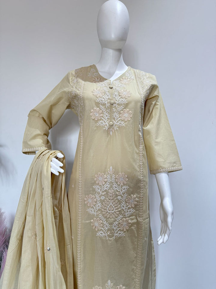 Pure Cotton Straight Fit Kurta Pant Dupatta Set With Heavy Embroidery | 3 Piece Ethnic Wear