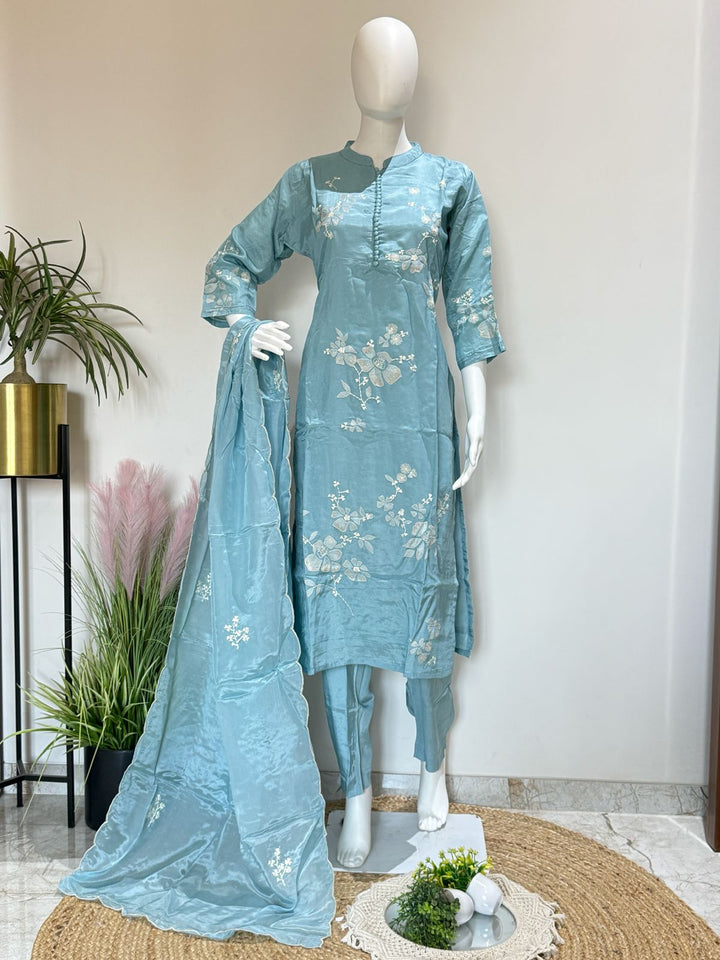 Dola Silk Semi Party Wear Suit Set With Organza Dupatta | Applique & Embroidery Work