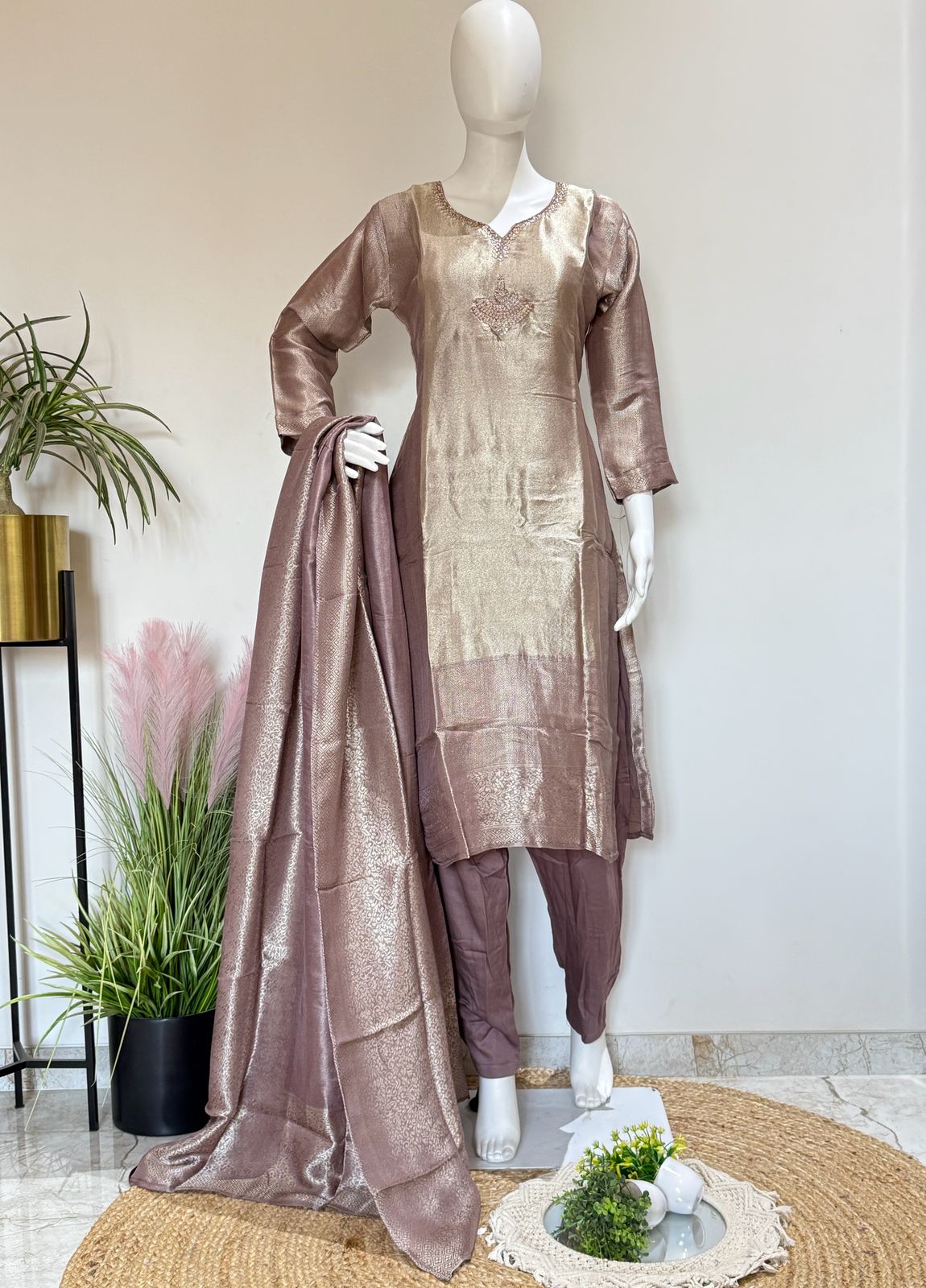 Elegant Kanjivaram Silk Kurti Set with Shimmer Dupatta | Festive Wear