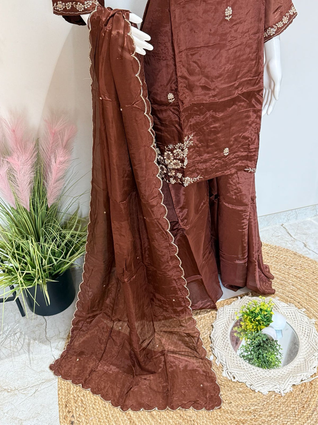 HO Silk Short Kurti Palazzo Dupatta Set With Zardozi & Dabka Handwork | Festive Ethnic Wear