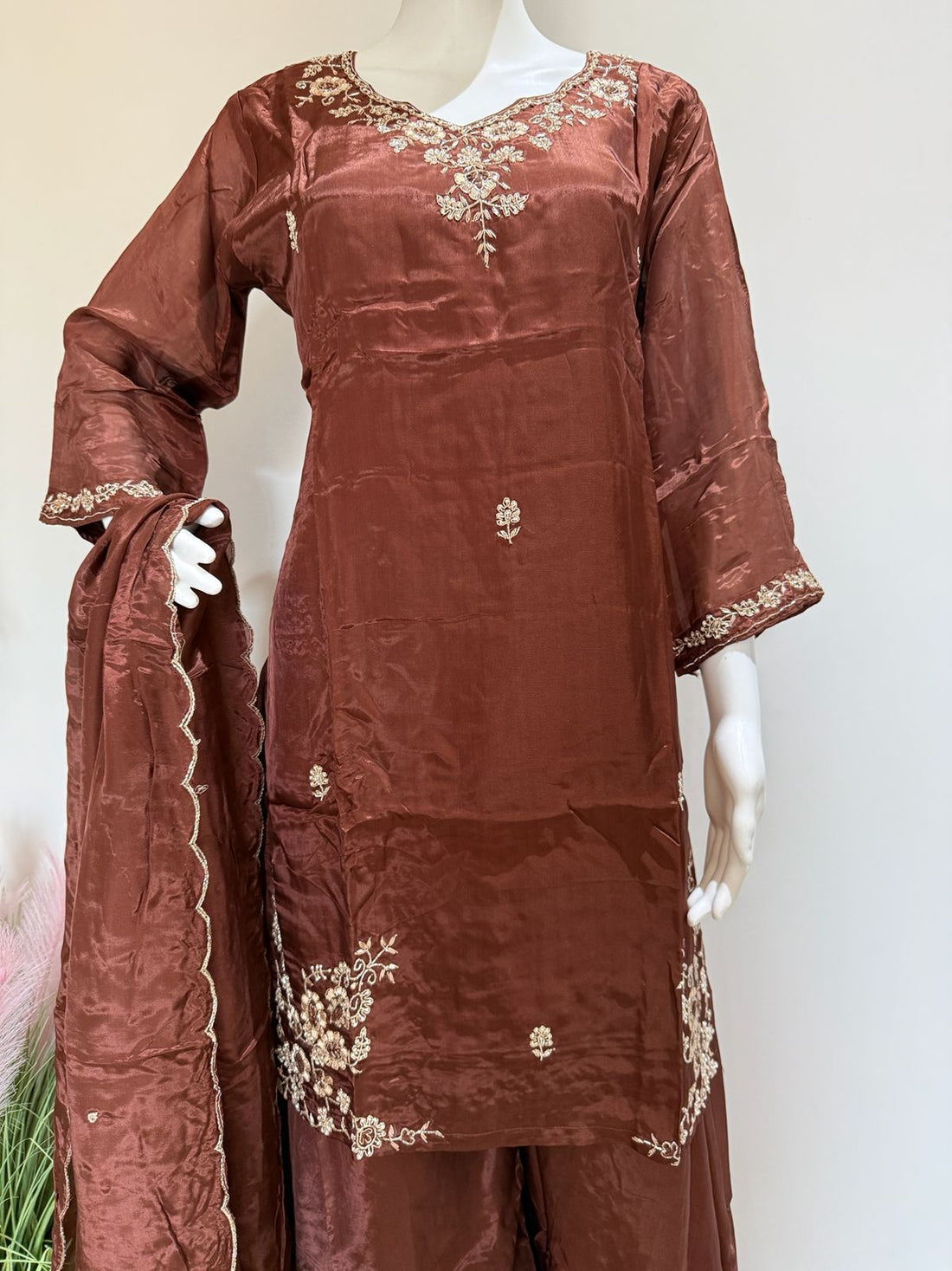 HO Silk Short Kurti Palazzo Dupatta Set With Zardozi & Dabka Handwork | Festive Ethnic Wear