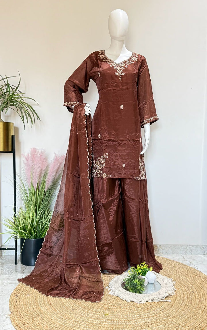 HO Silk Short Kurti Palazzo Dupatta Set With Zardozi & Dabka Handwork | Festive Ethnic Wear