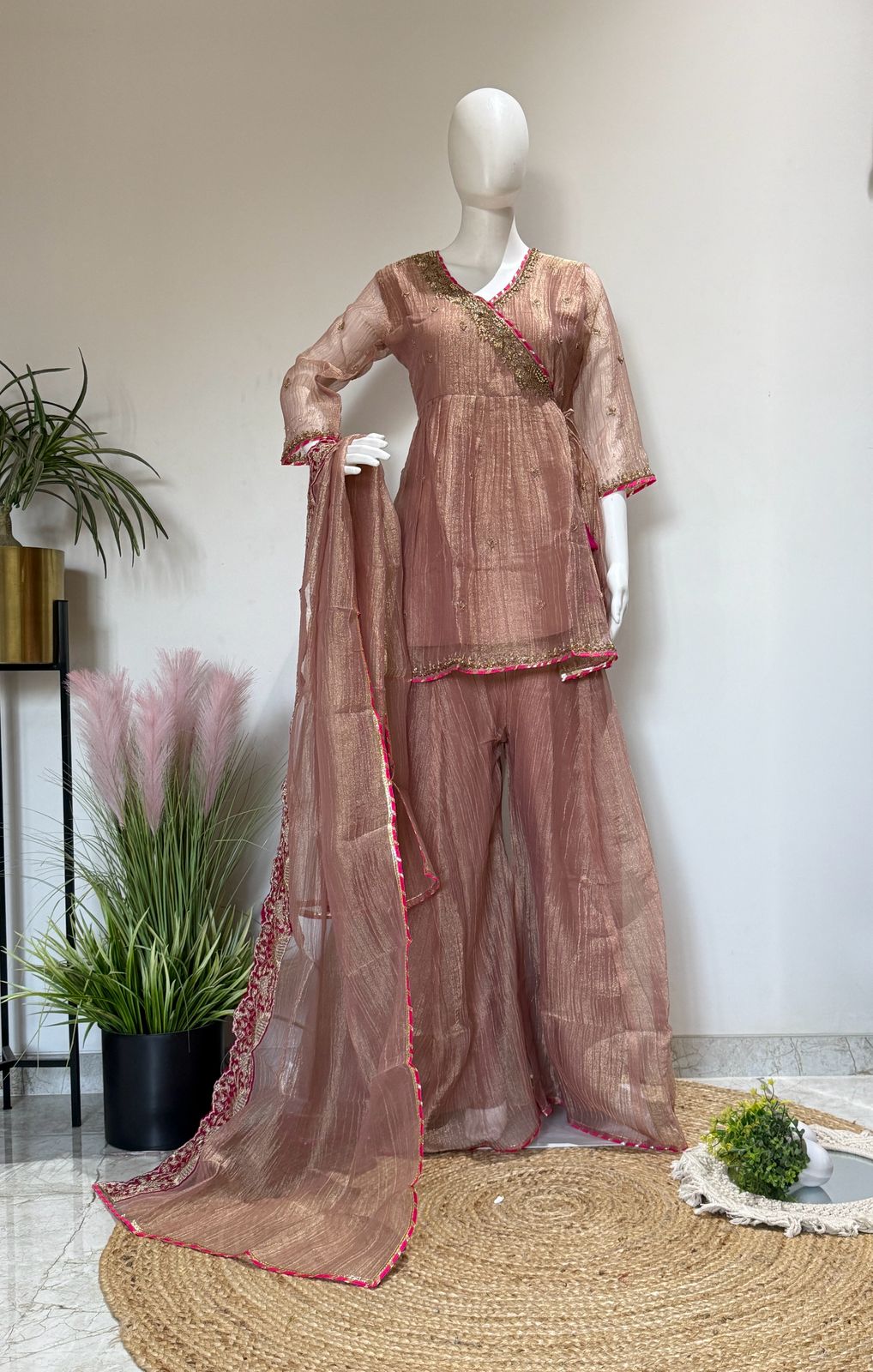 Dusty Rose Handwork Peplum Top Divider Set With Glass Tissue Dupatta | Festive Party Wear