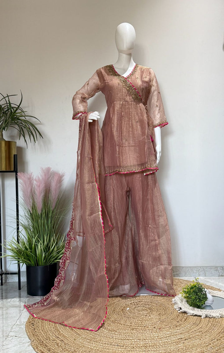 Dusty Rose Handwork Peplum Top Divider Set With Glass Tissue Dupatta | Festive Party Wear