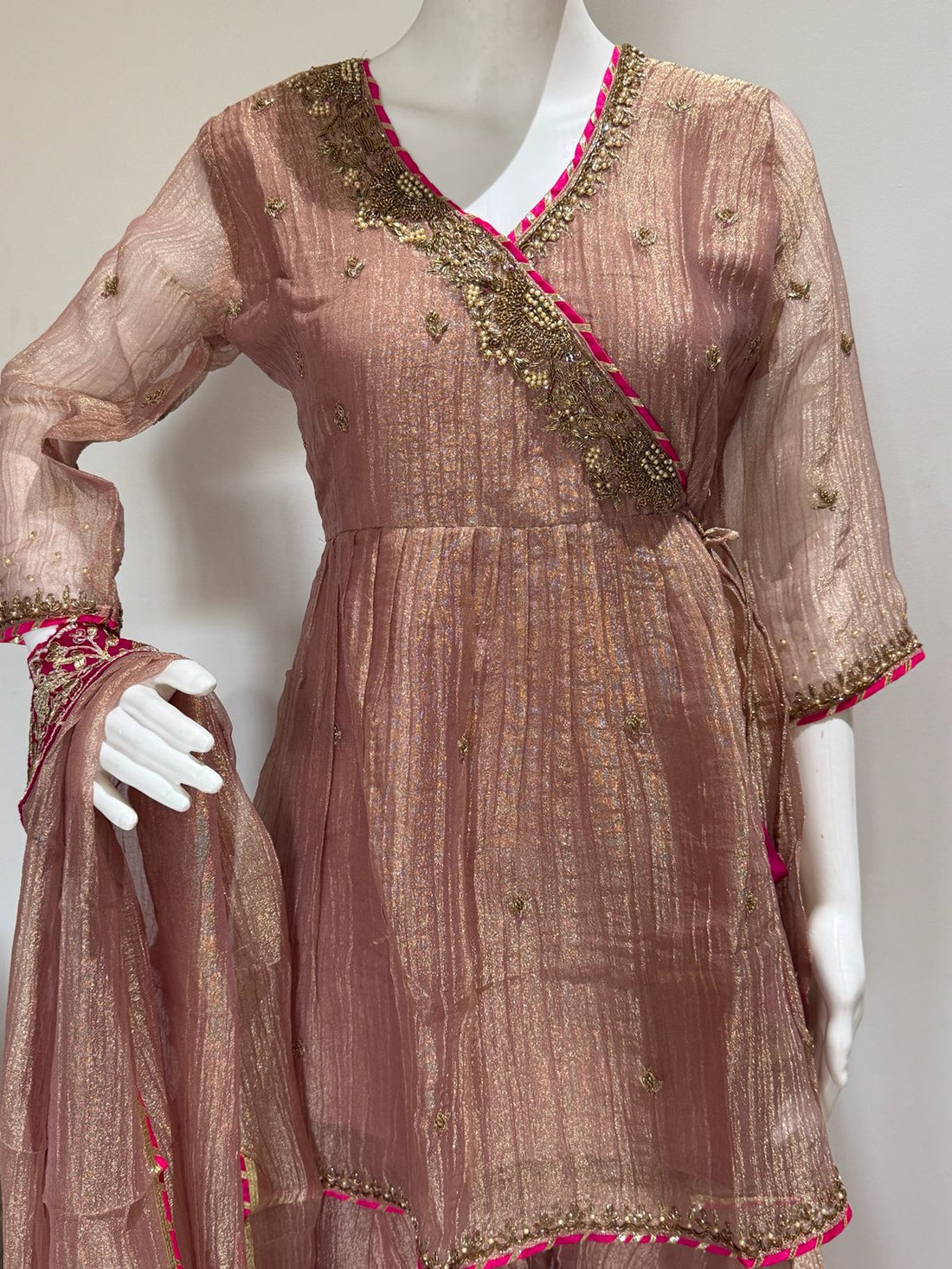 Dusty Rose Handwork Peplum Top Divider Set With Glass Tissue Dupatta | Festive Party Wear