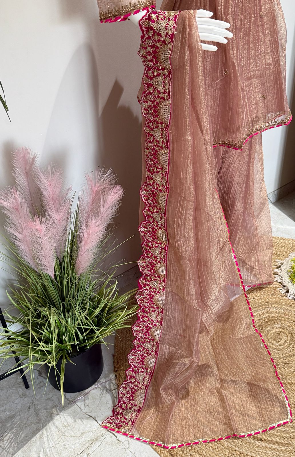 Dusty Rose Handwork Peplum Top Divider Set With Glass Tissue Dupatta | Festive Party Wear