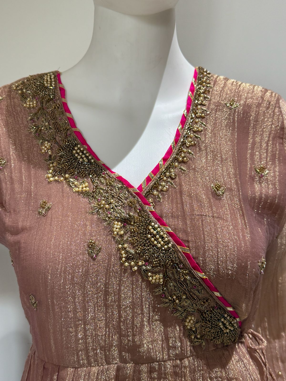 Dusty Rose Handwork Peplum Top Divider Set With Glass Tissue Dupatta | Festive Party Wear