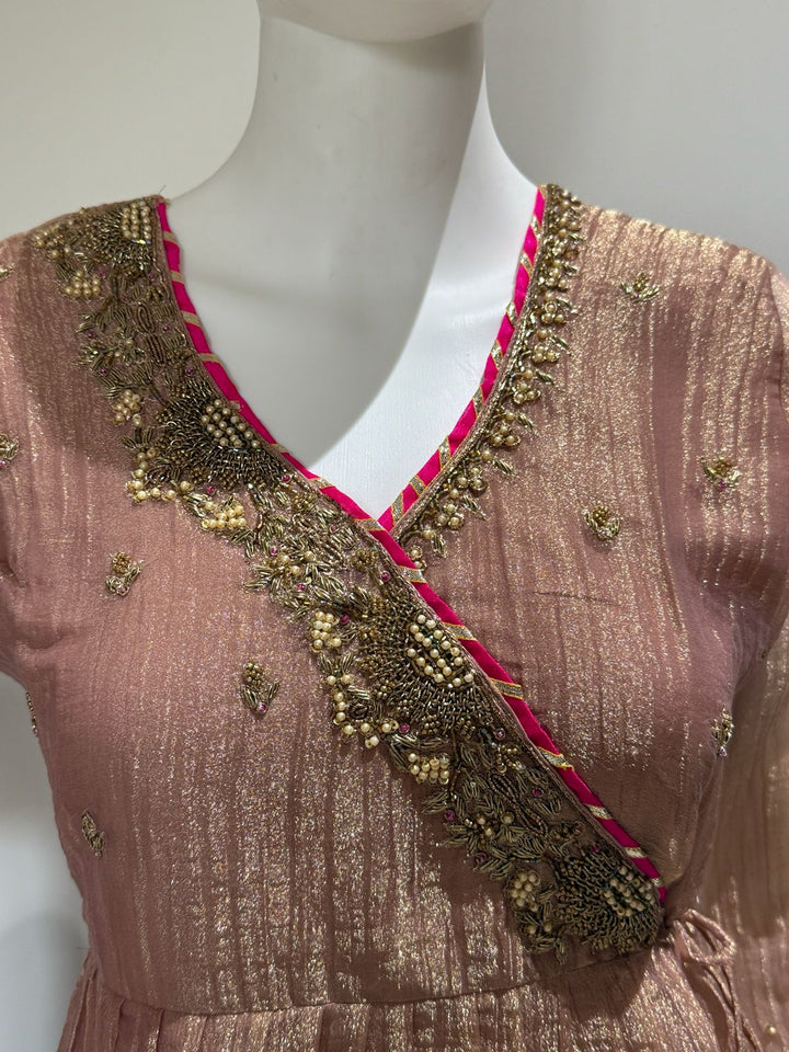 Dusty Rose Handwork Peplum Top Divider Set With Glass Tissue Dupatta | Festive Party Wear