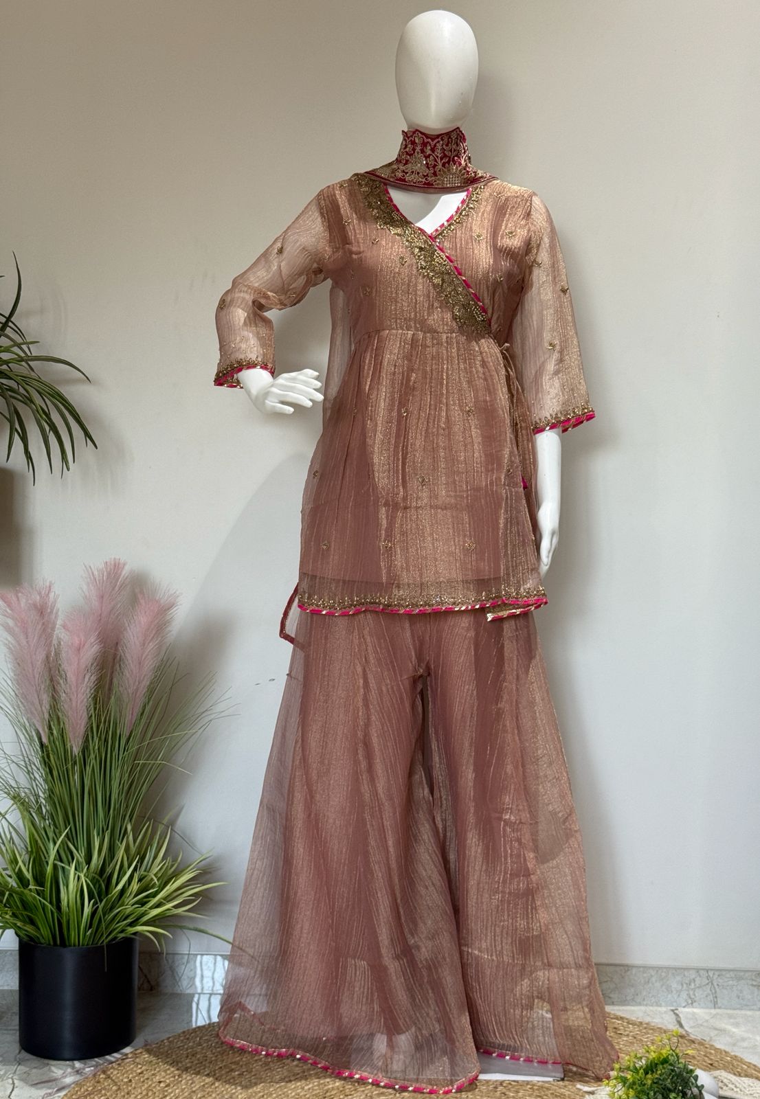 Dusty Rose Handwork Peplum Top Divider Set With Glass Tissue Dupatta | Festive Party Wear