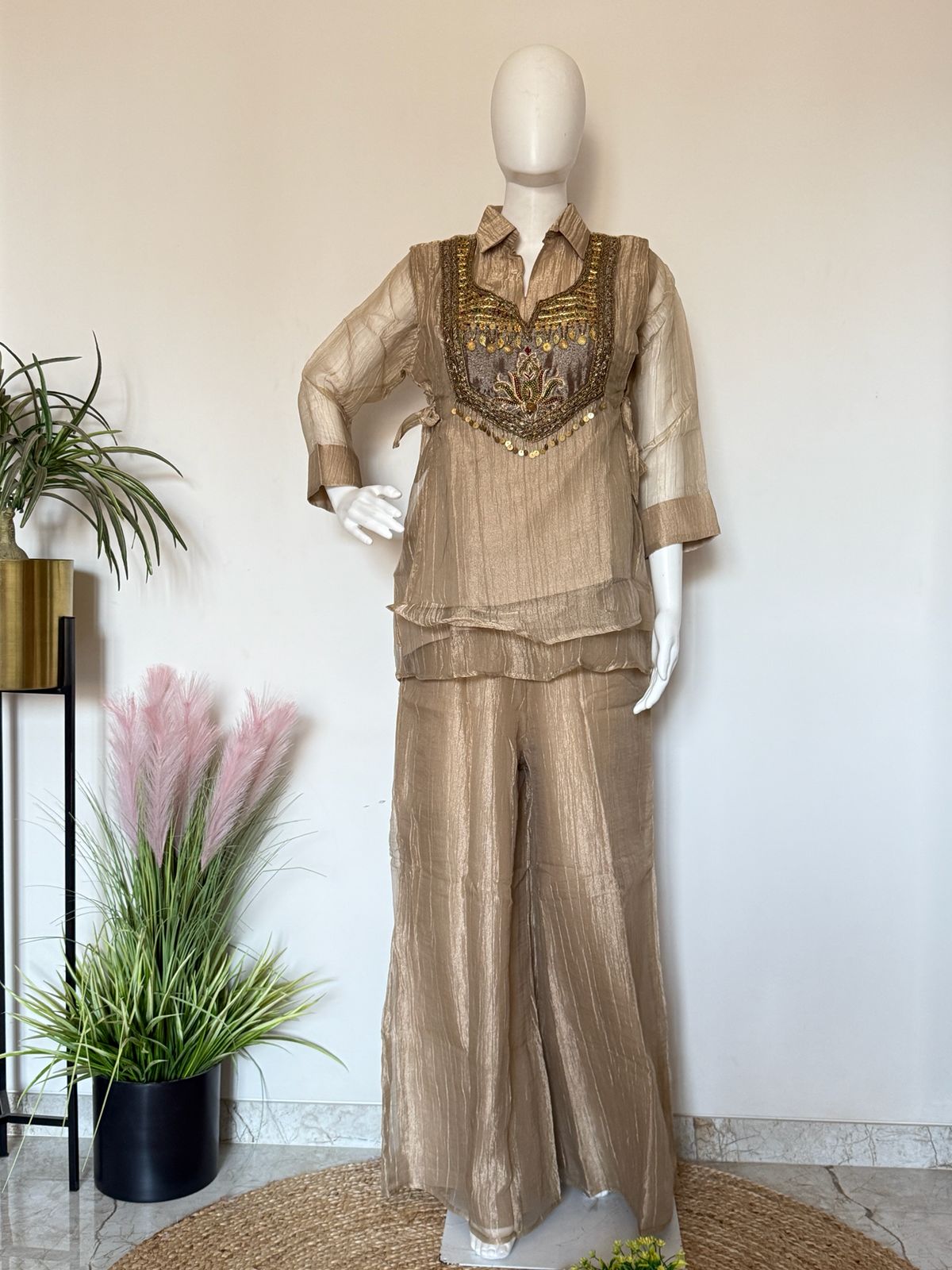 Golden Glass Tissue Bib Style Partywear Co-Ord Set