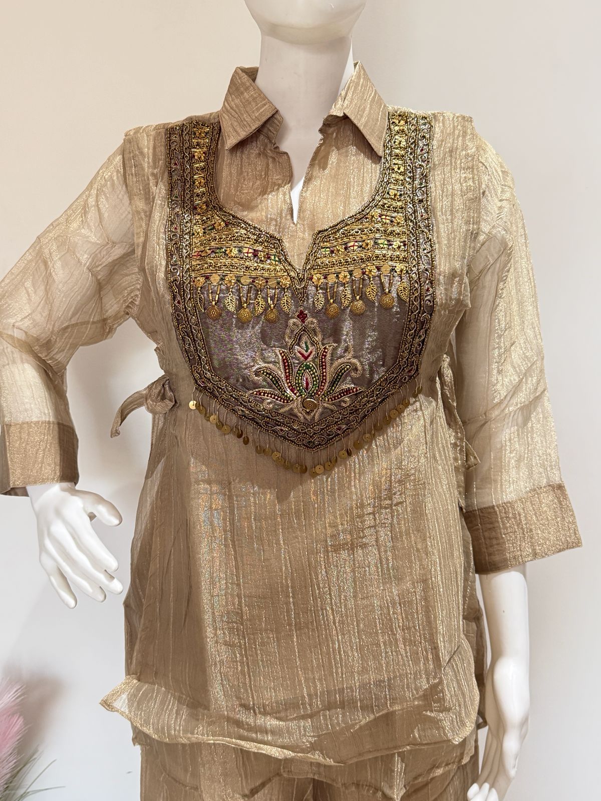 Golden Glass Tissue Bib Style Partywear Co-Ord Set