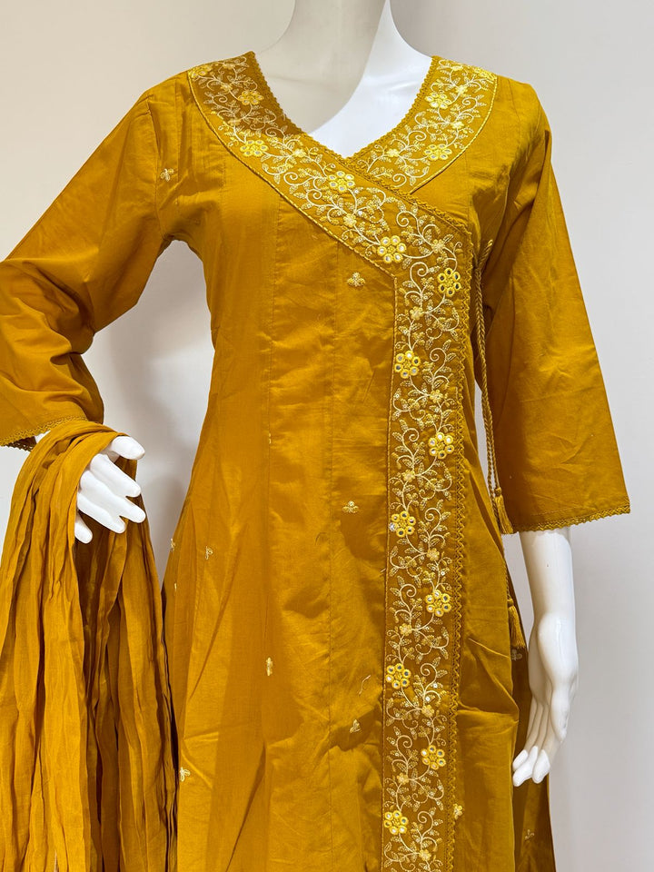 Mustard Yellow Pure Cotton Angrakha Style Kurta Set with Dupatta